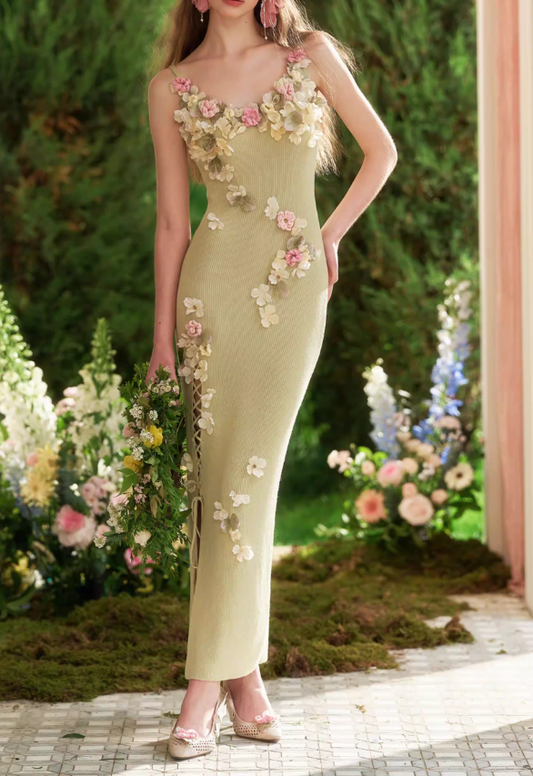 Vintage Sage Green 3D Floral Applique Knit Dress Romantic Sheath Slit Evening Gown DP7994