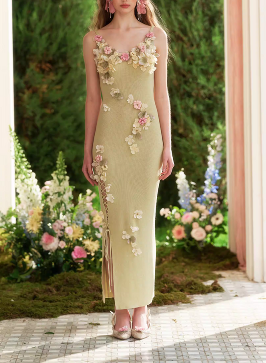 Vintage Sage Green 3D Floral Applique Knit Dress Romantic Sheath Slit Evening Gown DP7994