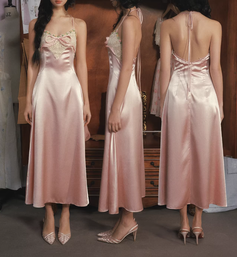 Robe nuisette vintage en satin rose, dentelle appliquée, bretelles spaghetti, robe de soirée DP7996