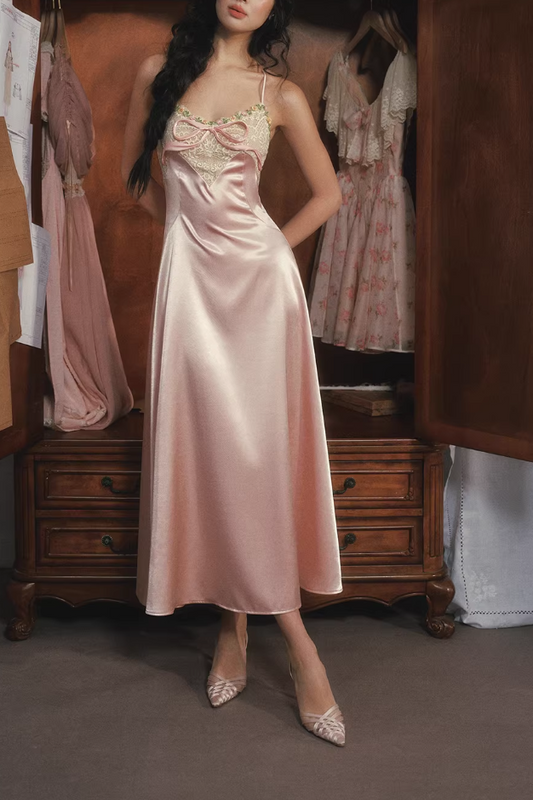 Vintage Pink Satin Slip Dress Lace Applique Spaghetti Straps Evening Gown DP7996