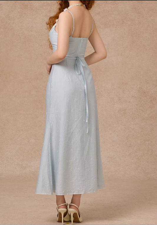 Vintage Light Blue Lace Trim Sheath Prom Dress Spaghetti Straps Evening Gown DP7997