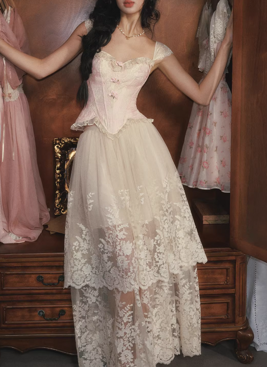Vintage Champagne Pink Corset Bodice Lace Tulle Sweetheart A-Line Evening Gown DP7998