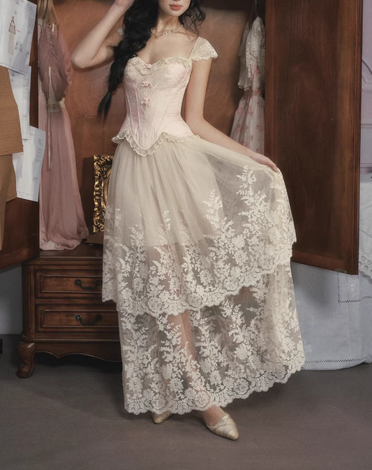 Vintage Champagne Pink Corset Bodice Lace Tulle Sweetheart A-Line Evening Gown DP7998