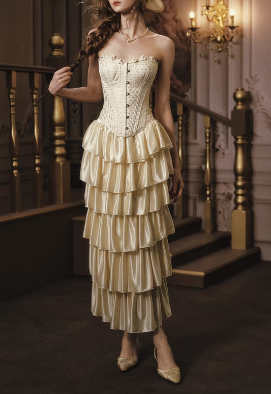 Vintage Champagne Satin Strapless Corset Tiered Ruffle Maxi Evening Gown DP8000