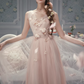 Vintage Pink Tulle Midi 3D Floral Applique Evening Gown DP8001