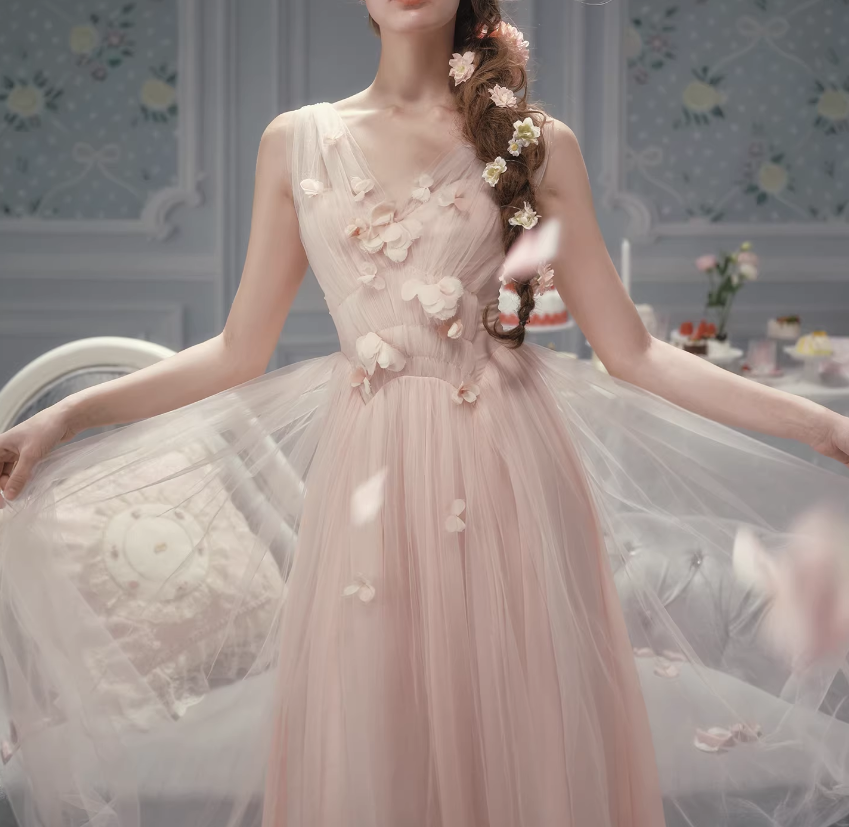 Vintage Pink Tulle Midi 3D Floral Applique Evening Gown DP8001