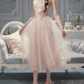 Vintage Pink Tulle Midi 3D Floral Applique Evening Gown DP8001