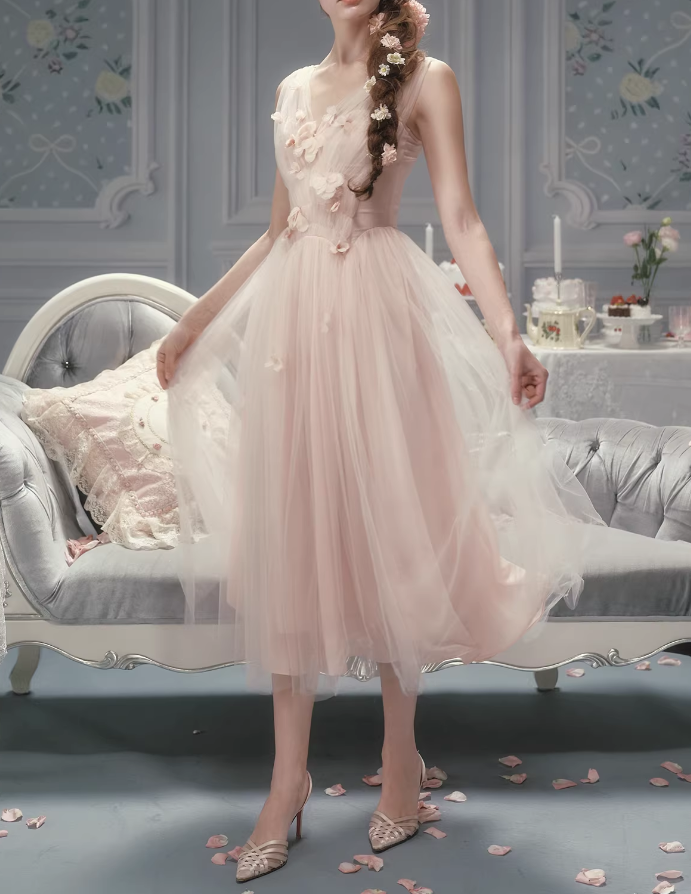 Vintage Pink Tulle Midi 3D Floral Applique Evening Gown DP8001