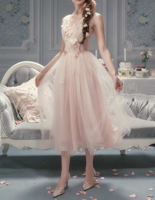 Vintage Pink Tulle Midi 3D Floral Applique Evening Gown DP8001