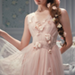 Vintage Pink Tulle Midi 3D Floral Applique Evening Gown DP8001