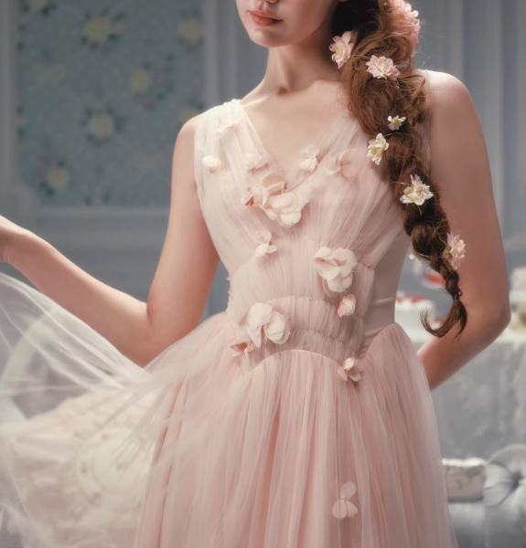 Vintage Pink Tulle Midi 3D Floral Applique Evening Gown DP8001
