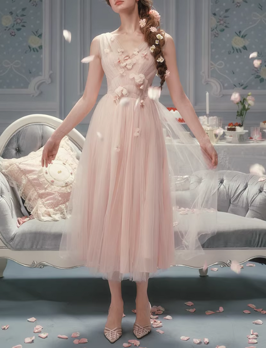Vintage Pink Tulle Midi 3D Floral Applique Evening Gown DP8001