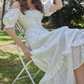 Elegant White Eyelet Embroidery Corset Maxi Dress Puff Sleeves Evening Gown DP8003