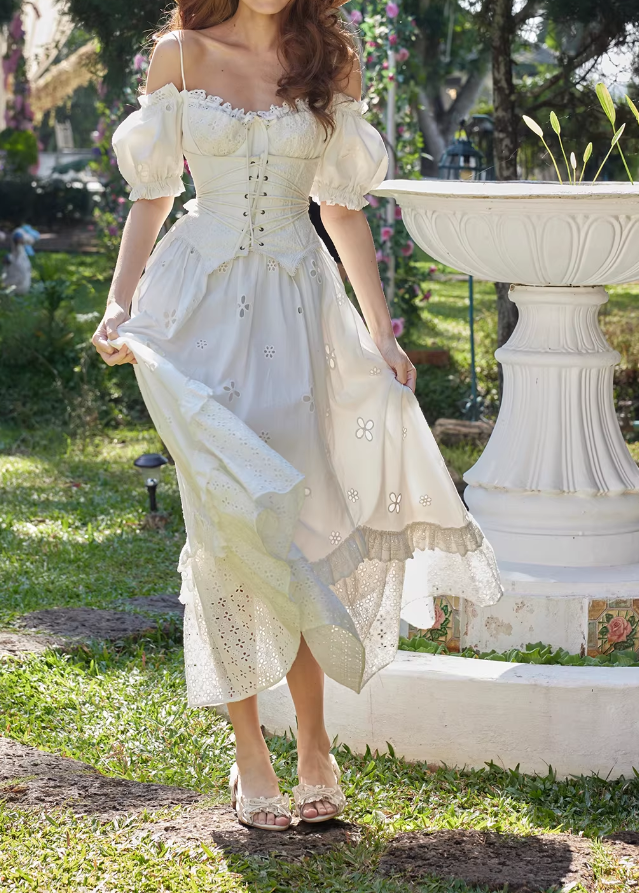 Elegant White Eyelet Embroidery Corset Maxi Dress Puff Sleeves Evening Gown DP8003