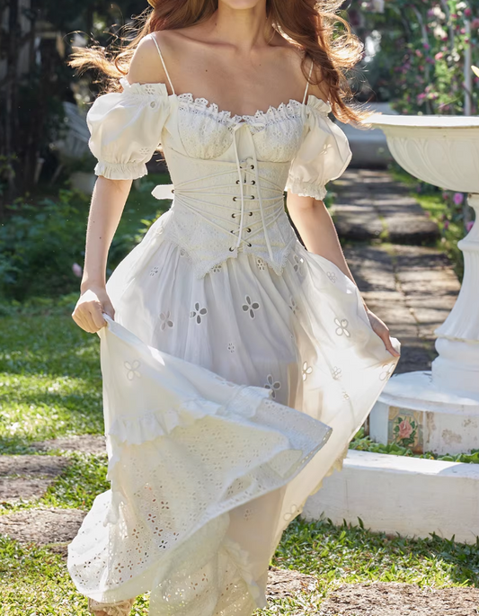 Elegant White Eyelet Embroidery Corset Maxi Dress Puff Sleeves Evening Gown DP8003