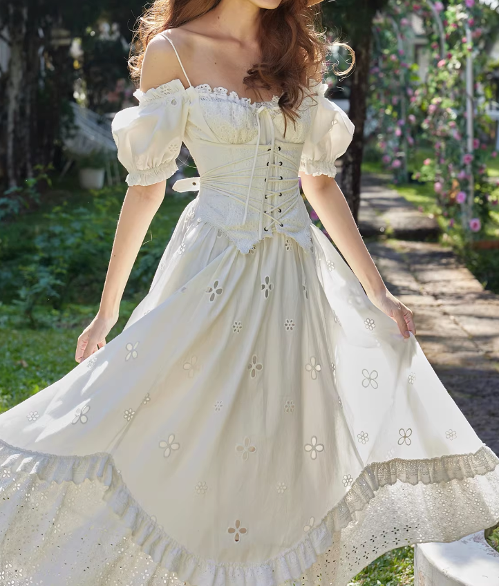 Elegant White Eyelet Embroidery Corset Maxi Dress Puff Sleeves Evening Gown DP8003