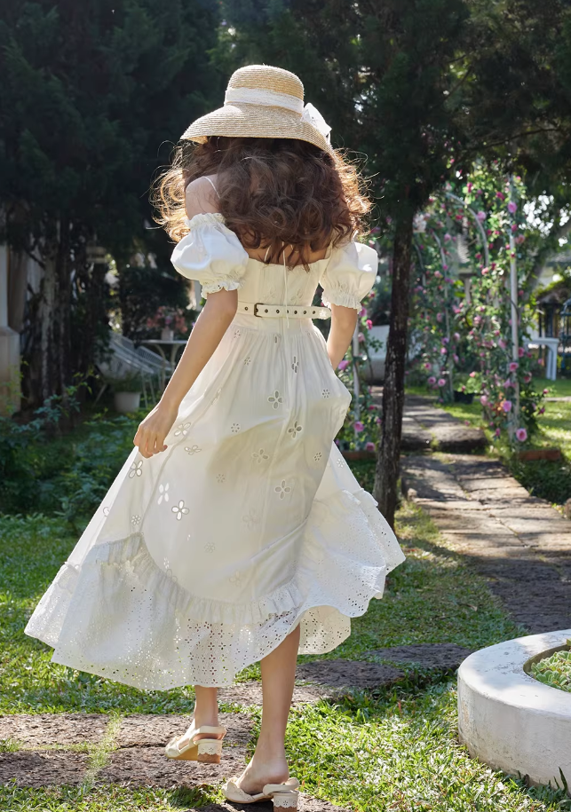 Elegant White Eyelet Embroidery Corset Maxi Dress Puff Sleeves Evening Gown DP8003