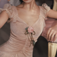 Vintage Pink Velvet Midi Gown 3D Floral Applique Ruching Evening Gown DP8004