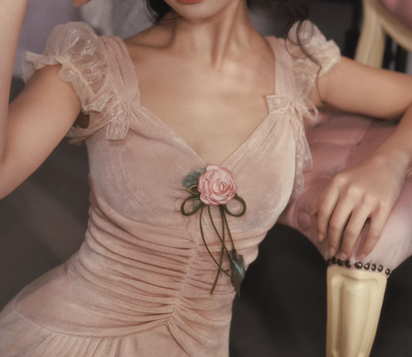 Vintage Pink Velvet Midi Gown 3D Floral Applique Ruching Evening Gown DP8004