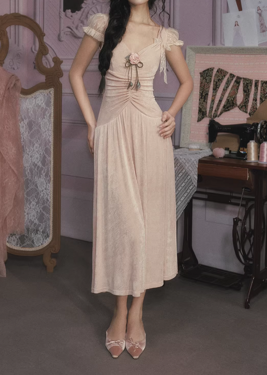 Vintage Pink Velvet Midi Gown 3D Floral Applique Ruching Evening Gown DP8004