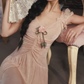 Vintage Pink Velvet Midi Gown 3D Floral Applique Ruching Evening Gown DP8004