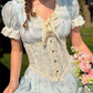 Vintage Blue Floral V-Neck Puff Sleeve Light Evening Gown DP8005