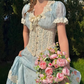 Vintage Blue Floral V-Neck Puff Sleeve Light Evening Gown DP8005
