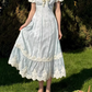Vintage Blue Floral V-Neck Puff Sleeve Light Evening Gown DP8005