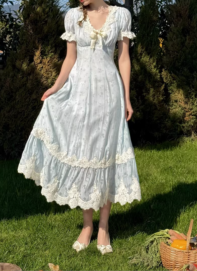 Vintage Blue Floral V-Neck Puff Sleeve Light Evening Gown DP8005