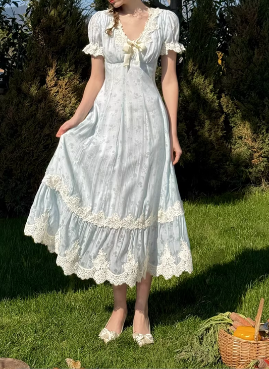 Vintage Blue Floral V-Neck Puff Sleeve Light Evening Gown DP8005