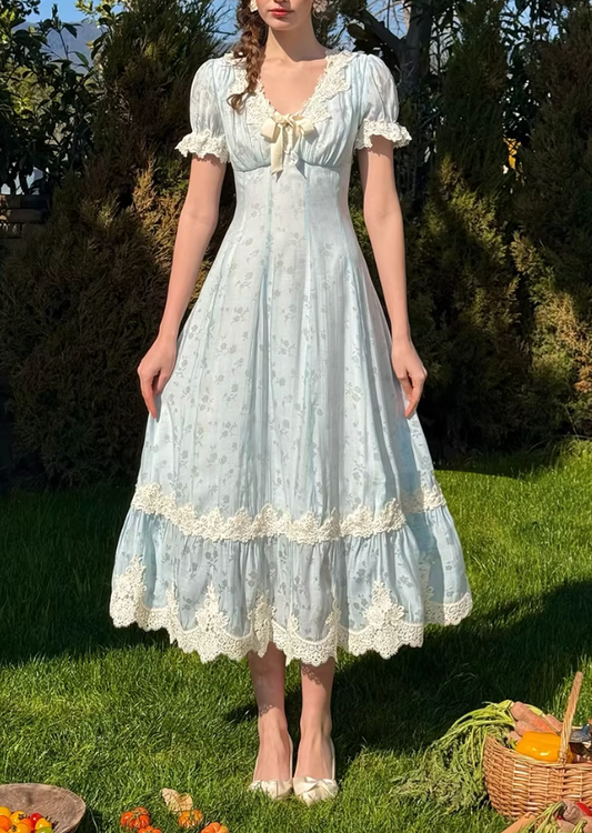 Vintage Blue Floral V-Neck Puff Sleeve Light Evening Gown DP8005