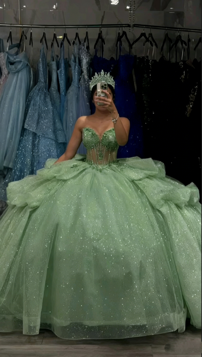 Enchanting Mint Green Sweetheart Neckline Ball Gown with Glitter TulleQuinceanera DP4654
