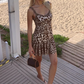 Cute Leopard Print Satin Beaded Spaghetti Straps  Homecoming Dress DP8036