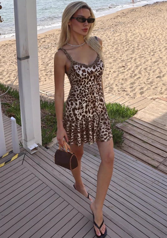 Cute Leopard Print Satin Beaded Spaghetti Straps  Homecoming Dress DP8036