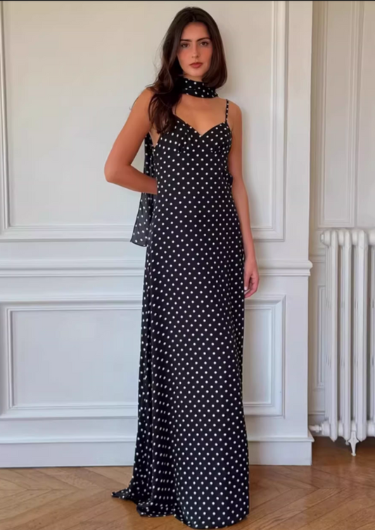 Elegant V-Neck Polka Dot Satin Prom Dress Spaghetti Strap Scarf Accent Evening Gown DP8038