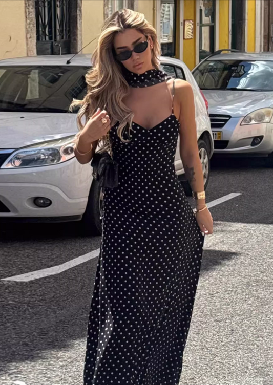 Elegant V-Neck Polka Dot Satin Prom Dress Spaghetti Strap Scarf Accent Evening Gown DP8038