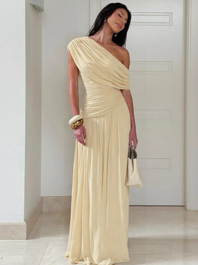 Elegant Cream One-Shoulder Evening Dress Ruched Sheath Prom Gown DP8045