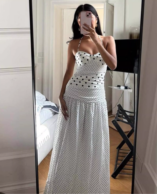 Vintage Polka Dot Halter Neck Gown Ruched Sheath Prom Dress DP8049