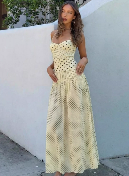 Vintage Polka Dot Halter Neck Gown Ruched Sheath Prom Dress DP8049