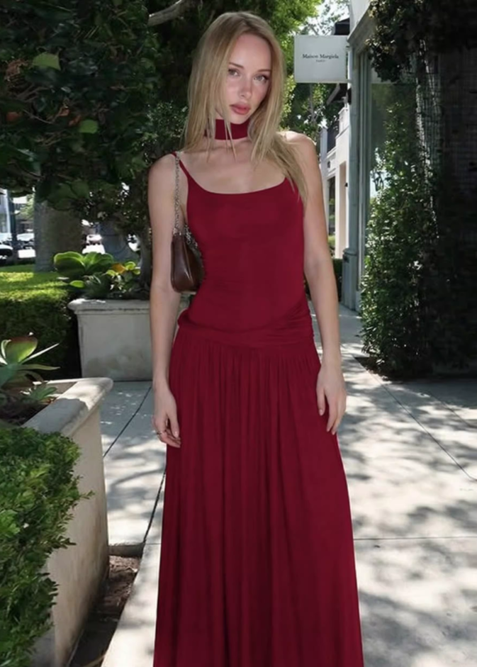 Vintage Burgundy Spaghetti Strap Gown Sheath Floor-Length Prom Dress DP8050