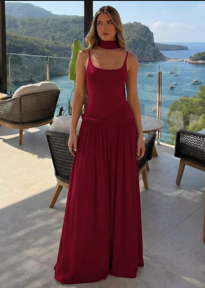 Vintage Burgundy Spaghetti Strap Gown Sheath Floor-Length Prom Dress DP8050
