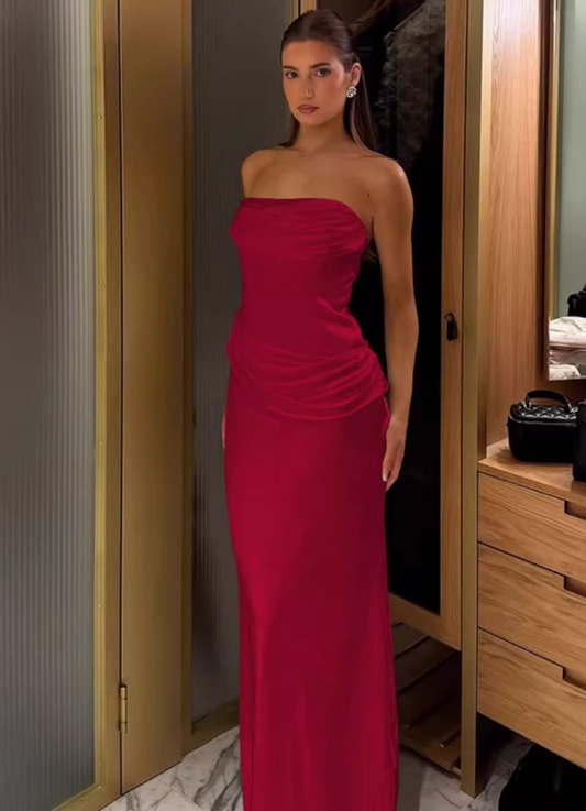 Glamorous Red Strapless Satin Floor-Length Prom Dress DP8051