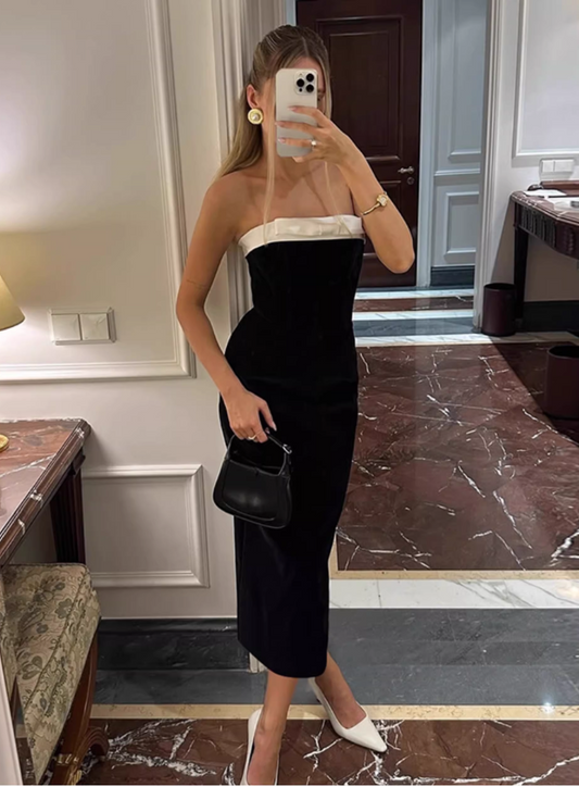 Vintage Black & White Strapless Midi Prom Dress Sheath Cocktail Evening Dress DP8052