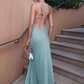 Elegant Teal Satin Halter Neck Evening Dress DP8053