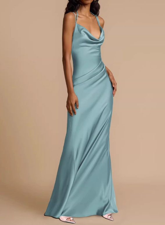 Elegant Teal Satin Halter Neck Evening Dress DP8053
