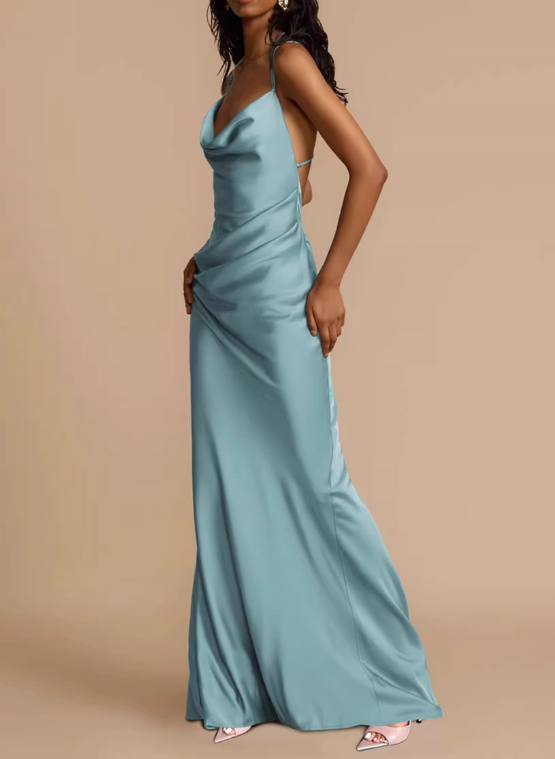 Elegant Teal Satin Halter Neck Evening Dress DP8053