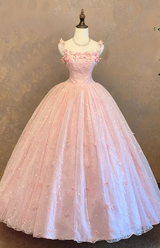 Elegant Pink Floral Applique Tulle Sweet 15 Quinceanera Ball Gown DP8056