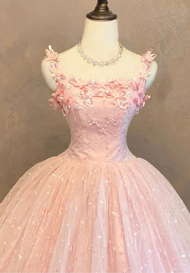 Elegant Pink Floral Applique Tulle Sweet 15 Quinceanera Ball Gown DP8056