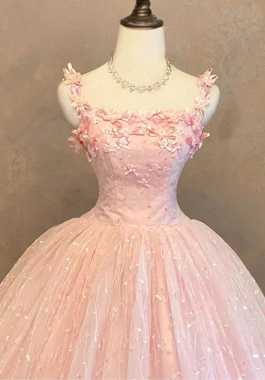 Elegant Pink Floral Applique Tulle Sweet 15 Quinceanera Ball Gown DP8056