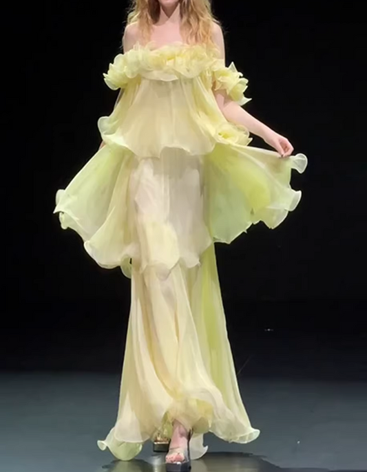 Elegant Pale Yellow Off-the-Shoulder Ruffled Tiered Tulle Prom Gown Evening Dress DP8057